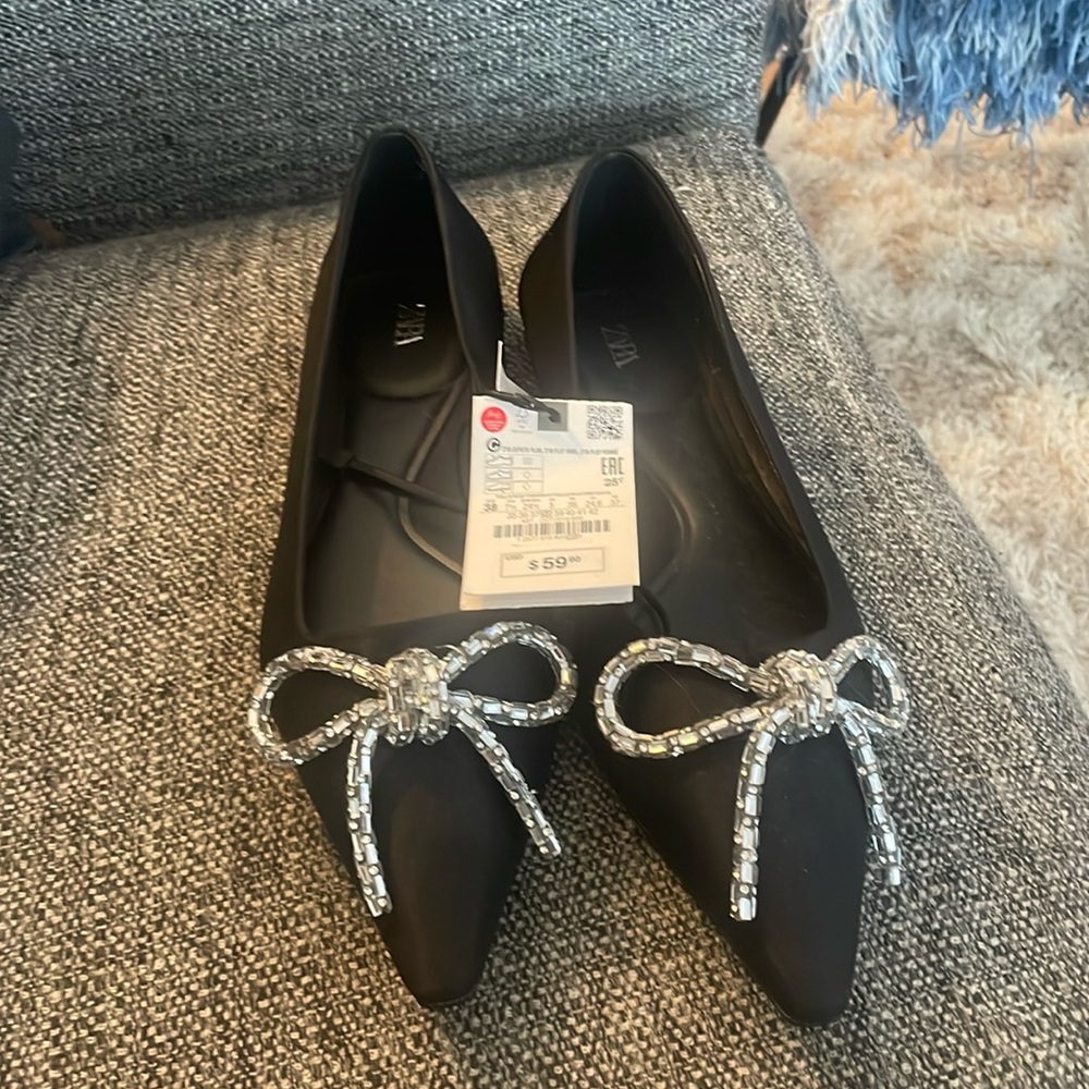 NWT Zara Woman EMBELLISHED BOW BALLET Flats Shoes Black Size 7.5 EUR 38